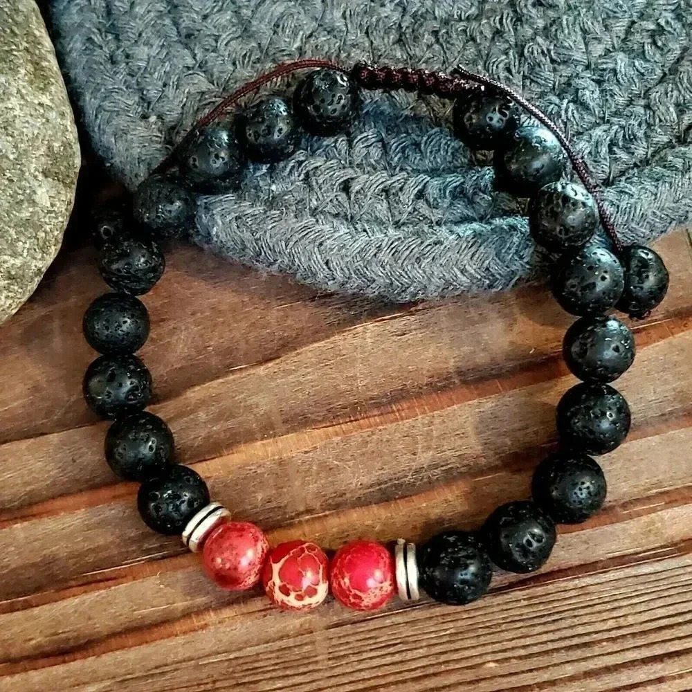 Handcrafted Chakra Bracelet Red Aqua Terra Jasper Black Lava